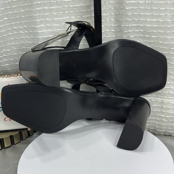 (C2) Zara Black NWT Leather Heeled Buckle Sandals, Size 41/10 USA - Picture 9 of 16